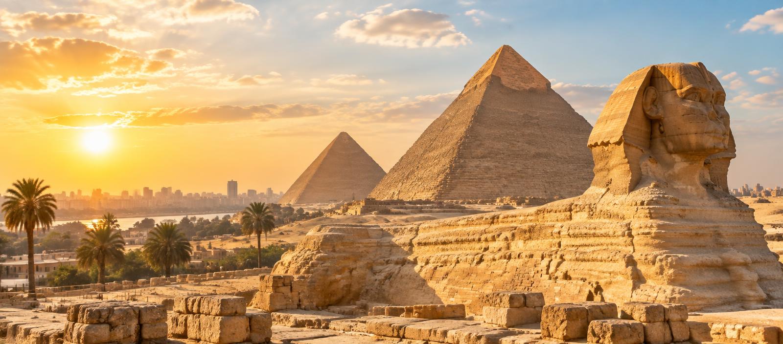 Le Sphinx et les pyramides de Gizeh au coucher du soleil